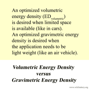 Gravimetric-energy-density-vs-Volumetric-energy-density: An optimized volumetric energy density is desired when limited space is available (like in electric cars). An optimized gravimetric energy density is desired when the application needs to be light-weight (like an aerial vehicle or electric airplane).