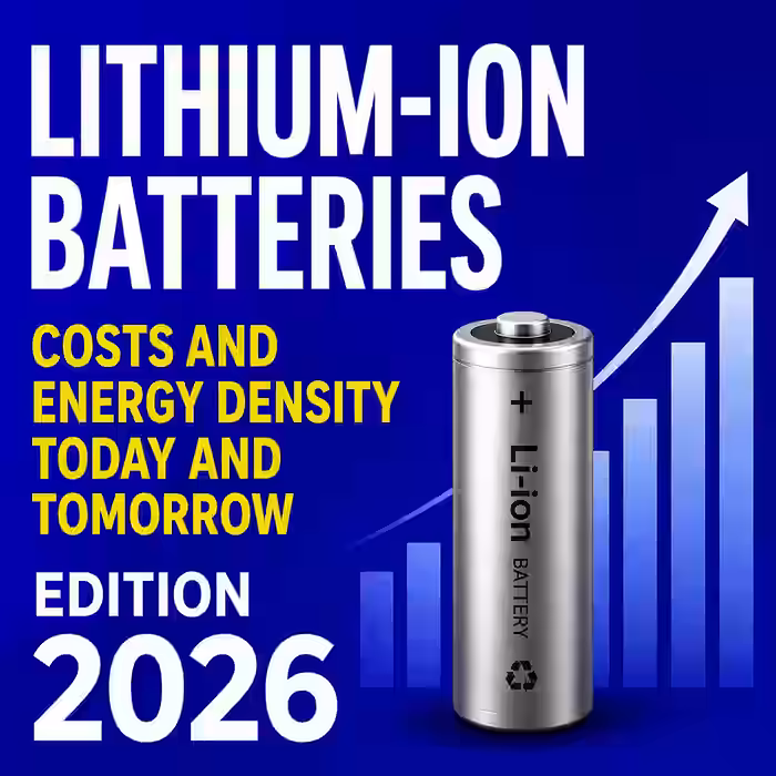 Cover image illustrating lithium-ion battery costs and energy density trends with market outlook to 2030.