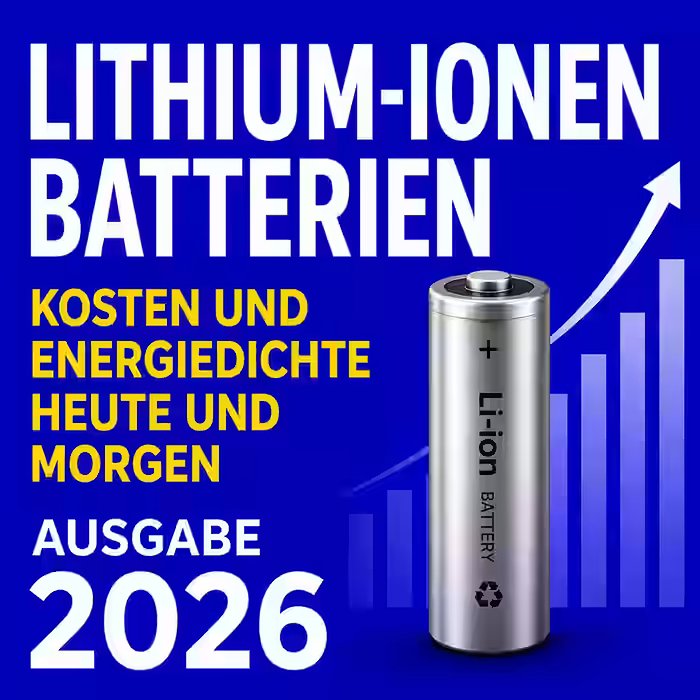 Titelbild zur Analyse von Lithium-Ionen-Batterien mit Darstellung von Kostenentwicklung und Energiedichte bis 2030.